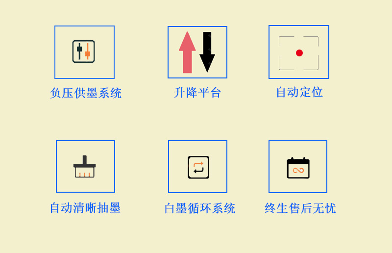9060uv萬能打印機采用的是負壓供墨系統(tǒng)，超強吸附平臺，噴頭加熱恒溫，自動清晰抽墨系統(tǒng)，白墨循環(huán)系統(tǒng)，以及終生售后無憂